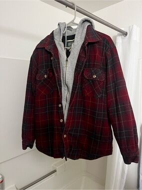 Field & Stream Red and Gray Plaid Hooded Flannel Jacket
